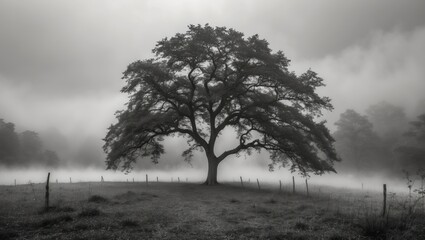 Misty landscape featuring a solitary tree in black and white, evoking a sense of calm and mystery in a serene natural setting.