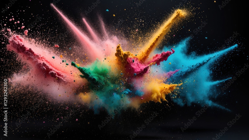 Poster vibrant explosion of colorful powders against a dark background showcasing dynamic motion and artist