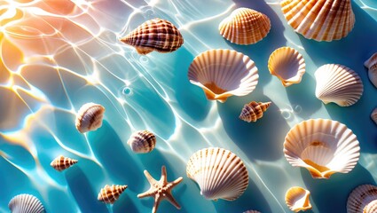 Abstract Top View of Colorful Seashells Floating in Sunlit Water with Gentle Waves and Reflections Ideal for Summer-themed Designs and Backgrounds