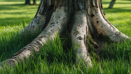 Obraz premium Tree trunk with textured roots surrounded by lush green grass under natural sunlight in a serene outdoor setting.
