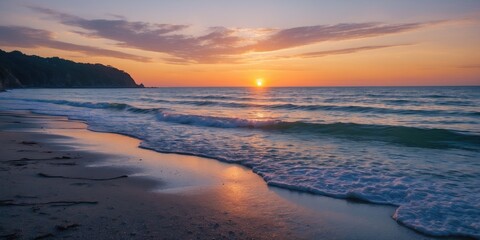 Serene Coastal Sunset over Calm Waves and Beach, Ideal for Relaxation and Inspirational Text Overlay