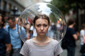 Woman with allergies on a city street with a transparent spherical cap over her head.