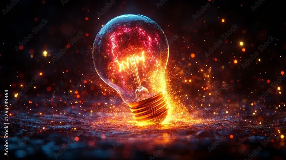 Aufkleber illuminated light bulb on fiery surface with sparks and glowing filaments at night. innovation and e