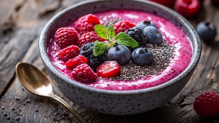 Bowl of fresh fruit and berries with spoon next to a healthy smoothie bowl with chia seeds