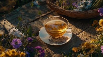 Herbal Tea with Fresh Lavender and Wildflowers on Wooden Table