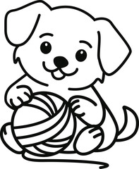 Dog Plying Yarn Ball Outline Illustration