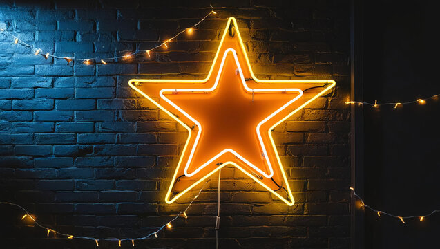 Bright neon star sign shines against a textured brick wall, casting warm yellow and orange hues, while tiny fairy lights add a magical touch to the dark surroundings