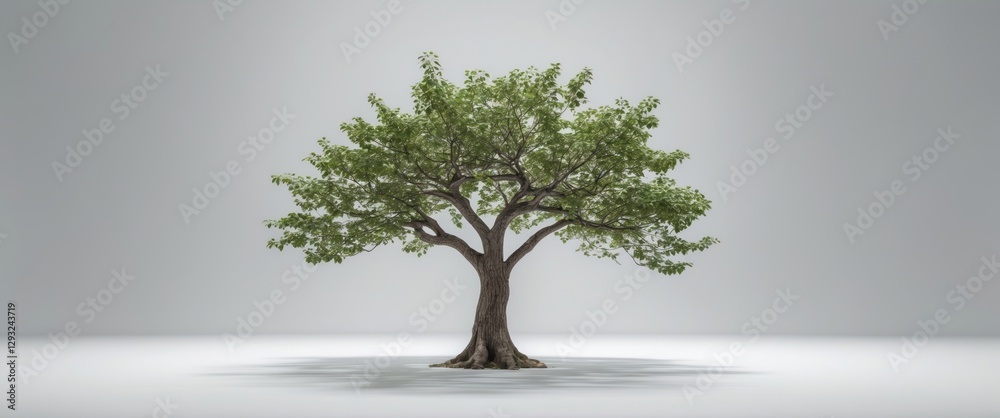 Poster lush green tree isolated on white background with ample space for text or graphics in a clean and mi