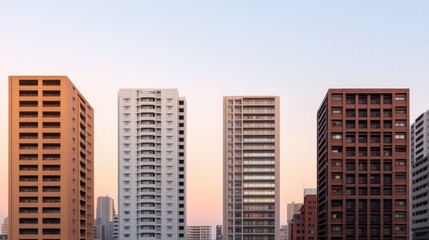 Obraz premium Modern urban skyline featuring various architectural designs at sunset.