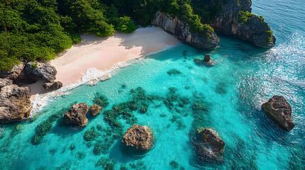 An awe-inspiring view from above of a tropical beach with golden sand, large rounded boulders in shallow waters, and coral reefs visible beneath the clear, calm surface.