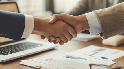 Obraz premium Two business people shake hands, agreeing on a partnership. A laptop and documents are nearby. They discuss their business while meeting.