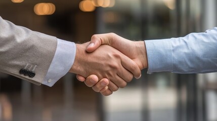 Two businessmen greet each other with a handshake to represent the success of their business deal or merger.