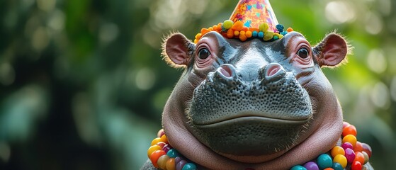 Smiling hippo with a party hat, colorful bead necklace, green background, festive mood