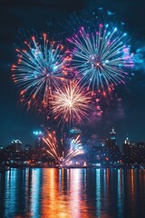 Fototapeta premium Vibrant fireworks bursting over a city skyline at night, colorful and festive celebration