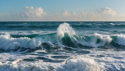 Obraz premium Dynamic ocean waves creating foam at the shoreline under a blue sky with soft clouds in the background during a serene morning.