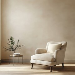 Beige armchair and table sitting in an empty room