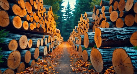 Wooden logs stacked along a forest pathway surrounded by autumn foliage and tall trees creating a serene nature landscape.