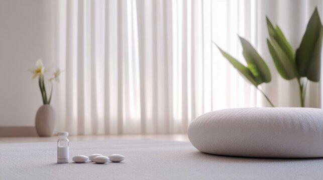 Obesity drug beside a meditation cushion in a serene living room. Featuring mindfulness and health
