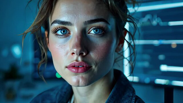 Confident Business Woman: A captivating portrait of a skilled and assertive woman in a high-tech workspace.