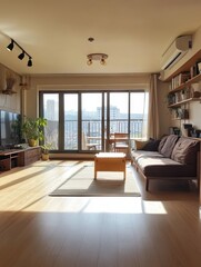 Fototapeta premium A modern living room featuring a sofa table and sunlight