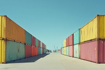 Fototapeta premium Colorful Cargo Containers at the Docks under Sunny Skies: Global Trade and Shipping Industry