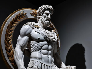 This hyper realistic sculpture depicts a powerful warrior figure, showcasing a chiseled physique and intense expression. Its regal presence captivates in its modern display