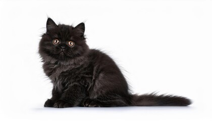 Adorable Fluffy Black Smoke Persian Kitten Sitting Sideways in a Cozy Living Room Setting, Radiating Playful Charm and Softness with its Fluff and Charcoal Fur.