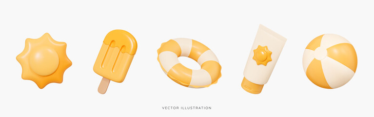 3D Summer vacation icon set. Travel to beach. Yellow ice cream, swim ring, sun cream and inflatable ball. Holidays at sea. Cartoon design icons isolated on white background. 3D Vector illustration