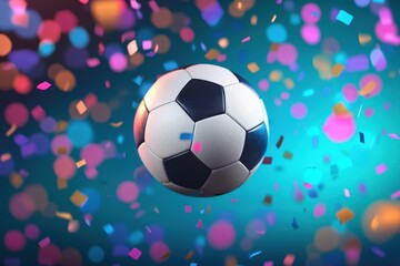 Naklejka premium Soccer Ball Surrounded by Colorful Confetti in a Celebration Atmosphere