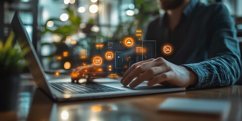 Person using Laptop with Digital Security Icons for Online Protection