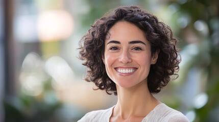 Fototapeta premium A smiling woman from diverse culture, radiating warmth and connection.