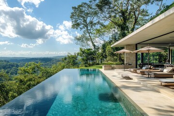 Fototapeta premium A luxurious modern mansion with a breathtaking infinity pool, outdoor lounge, and lush greenery creating a serene ambiance.