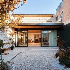 Fototapeta premium Modern house with large sliding doors and a courtyard