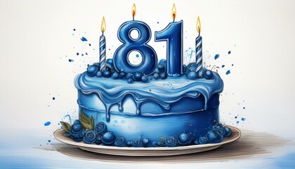 Illustration of decorated blue cake for birthday or anniversary party. Number 81, eighty-first birthday celebration