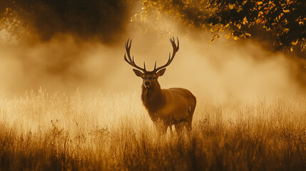 Obraz premium Majestic stag standing on a misty mountain slope at dawn, surrounded by fog and autumn foliage, creating an atmospheric wildlife scene in the wilderness