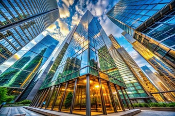 Panoramic Modern Glass Skyscraper, High-Rise Building, Finance District, Economic Growth