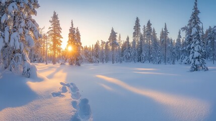Fototapeta premium Snowy Lapland sunset with frozen trees, serene winter beauty in Saariselka.