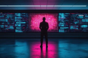 Figure Silhouetted Before Neon Digital Interface in Futuristic Space