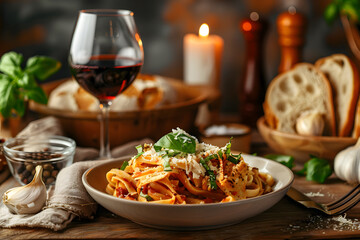 A Classic Setting of Comfort Food: Creamy Pasta with Side of Garlic Bread and Red Wine
