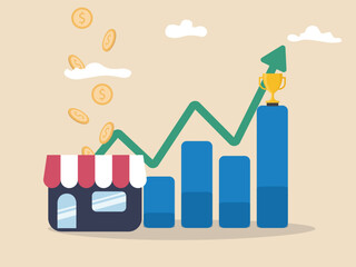 Shop or restaurant full with gold coin and trophy at the top of graph. Concept of Business success, startup growth, high return investment, profits, income increase flat vector illustration.