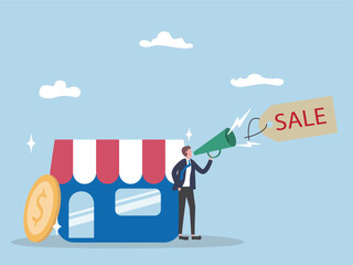 Businessman announcement sale promotion with shop and gold coin. Concept of Business advertising, social media engagement, successful , profits increase from technology flat vector illustration.