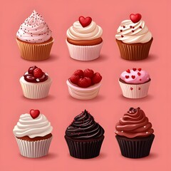Nine Valentine's Day Cupcakes on Pink Background
