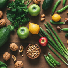 Fresh Fruits, Nuts, and Green Vegetables on a Dark Wooden Background