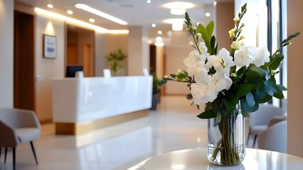 A modern reception area featuring a vase of white flowers on a table, with a sleek counter and contemporary decor in the background. Concept Modern Reception Design, White Floral Arrangements