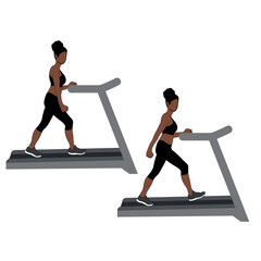 A Black African woman in black clothing walking on treadmill exercise. Flat vector illustration isolated on white background	