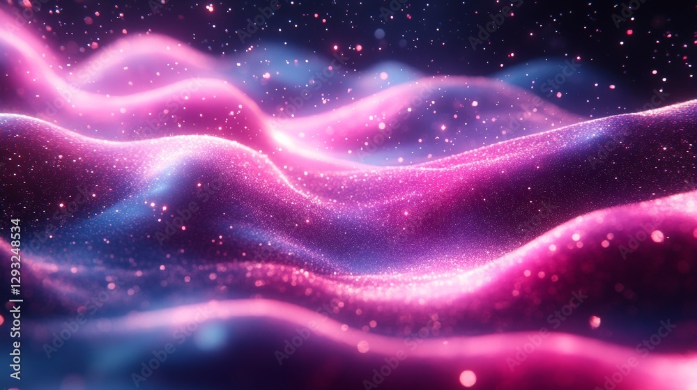 Poster abstract waves of pink and purple light with sparkling particles against dark background. futuristic