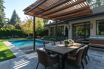 Backyard patio dining poolside pergola