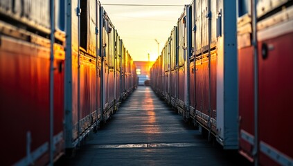 Obraz premium Sunset illuminates rows of cargo containers at dusk, creating a dramatic and vibrant scene, showcasing industrial transportation.