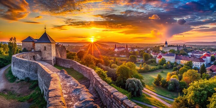 Panoramic Uzhgorod Castle View: Bokeh Sunset over Zakarpattya, Ukraine