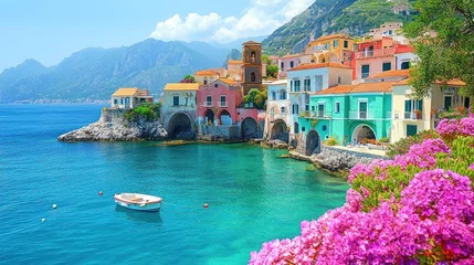 Colorful Mediterranean harbor town, sunny day, boat, mountains © TITISCAHYA
